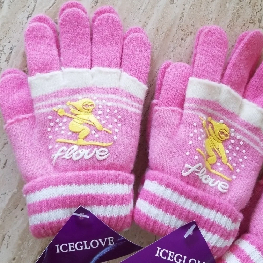Set of 3 New Pink White Double Layered 2 in 1 Wool Blend Cozy Warm Gloves